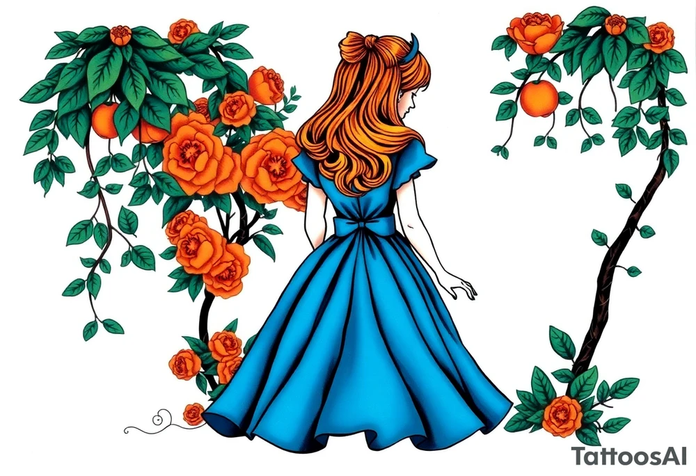 Alice (from Alice in wonderland) silhouette wearing a blue dress. Perspective from the back. She is entering a garden and seeing an orange tree. tattoo idea