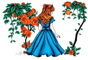 Alice (from Alice in wonderland) silhouette wearing a blue dress. Perspective from the back. She is entering a garden and seeing an orange tree. tattoo idea