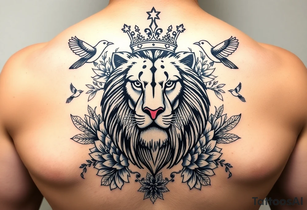 powerful majestic lion with a crown, surrounded by floral ornaments and birds tattoo idea