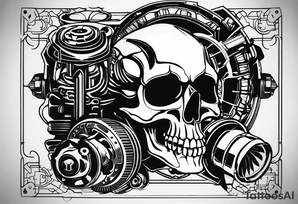 Powerful skull and engine, in this appears a piston and a turbo, also the dseign must be vertical. Also, the desing must be minimalistic not saturated. Remember the vertical design as this will go in my calf tattoo idea