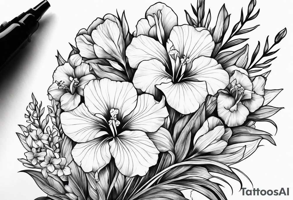 bouquet of biolet, primrose, and iris flowers tattoo idea
