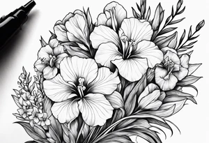 bouquet of biolet, primrose, and iris flowers tattoo idea