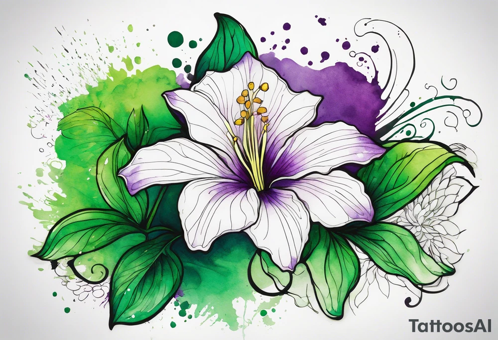 An outline of an only green rio dipladenia flower and a green and purple watercolor splash in the background tattoo idea
