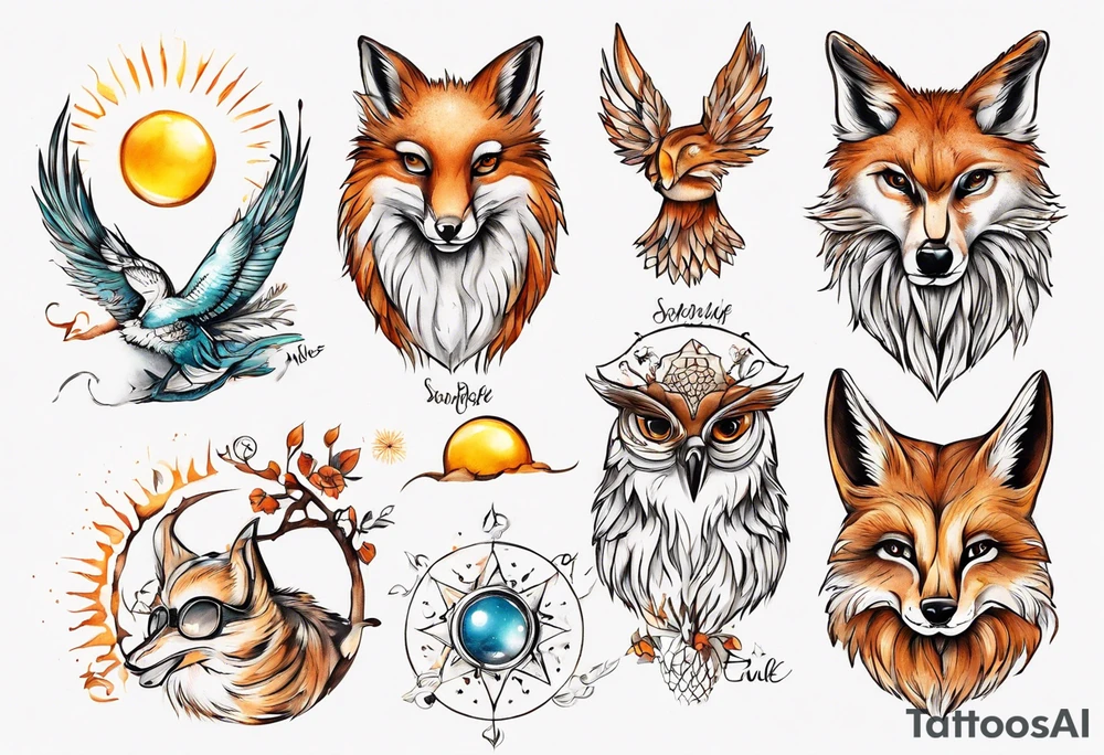 Fuchs und Eule unter der Sonne mit dem Schriftzug Sapere Aude tattoo idea
