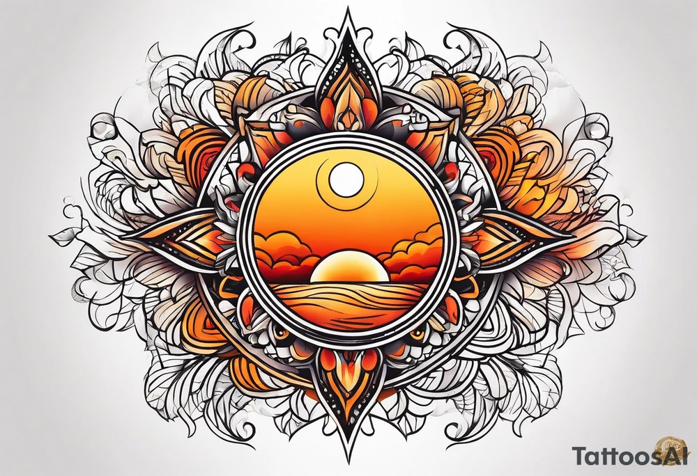 Orange sun with yellow and red highlights tattoo idea