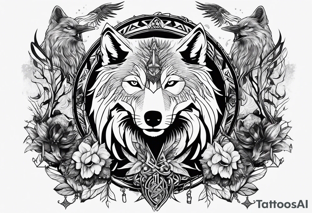 Nordic gods with runes wolves and ravens tattoo idea