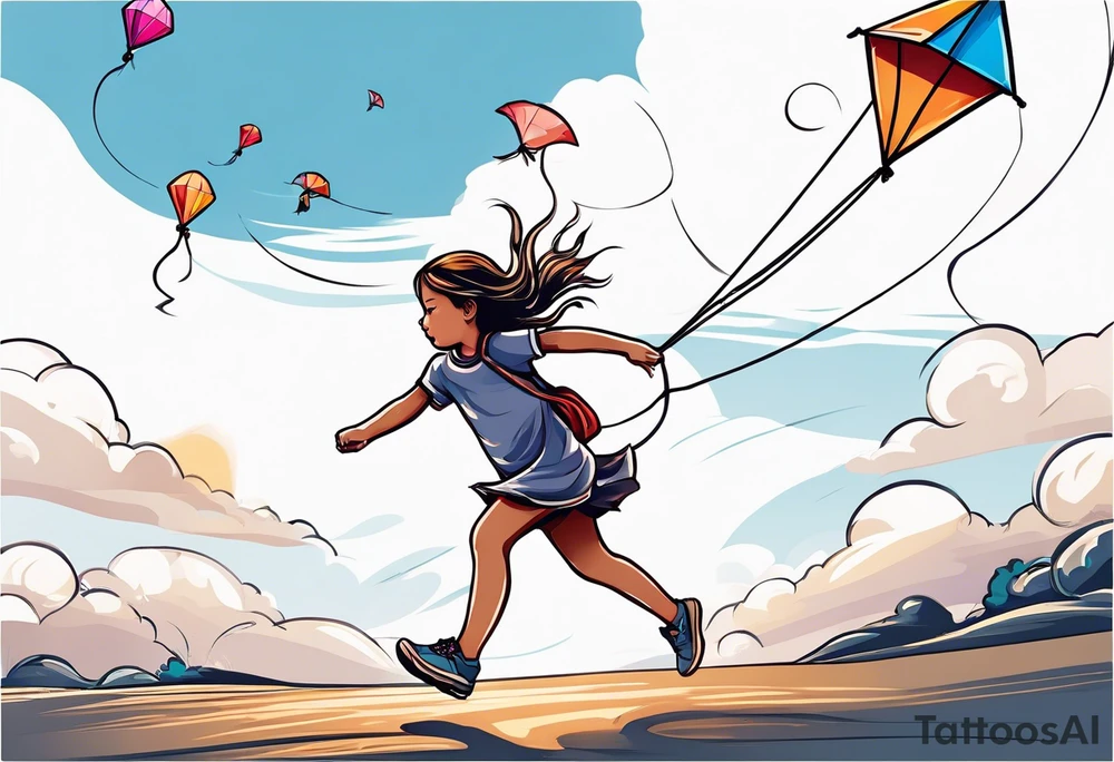 a little girl running away holding a kite tattoo idea