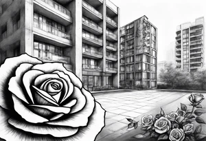 Rose growing from concrete with a 6 floor building in the background with 1570 address tattoo idea