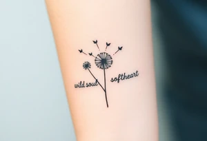 Black armband on forearm with wildflower dandelions in the middle with birds flying off and dopamine symbol coming off the stem. The words: Restless Mind, Wild Soul, Soft Heart tattoo idea
