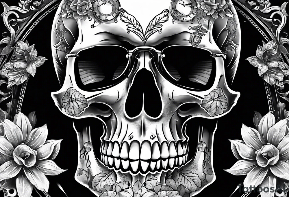 A skull and a watch which shows a specifix time tattoo idea
