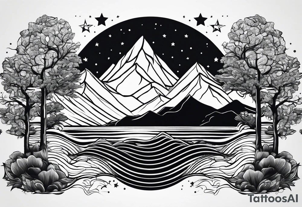 3 stars above a mountain. Waves underneath, trees to the sides tattoo idea