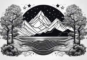 3 stars above a mountain. Waves underneath, trees to the sides tattoo idea