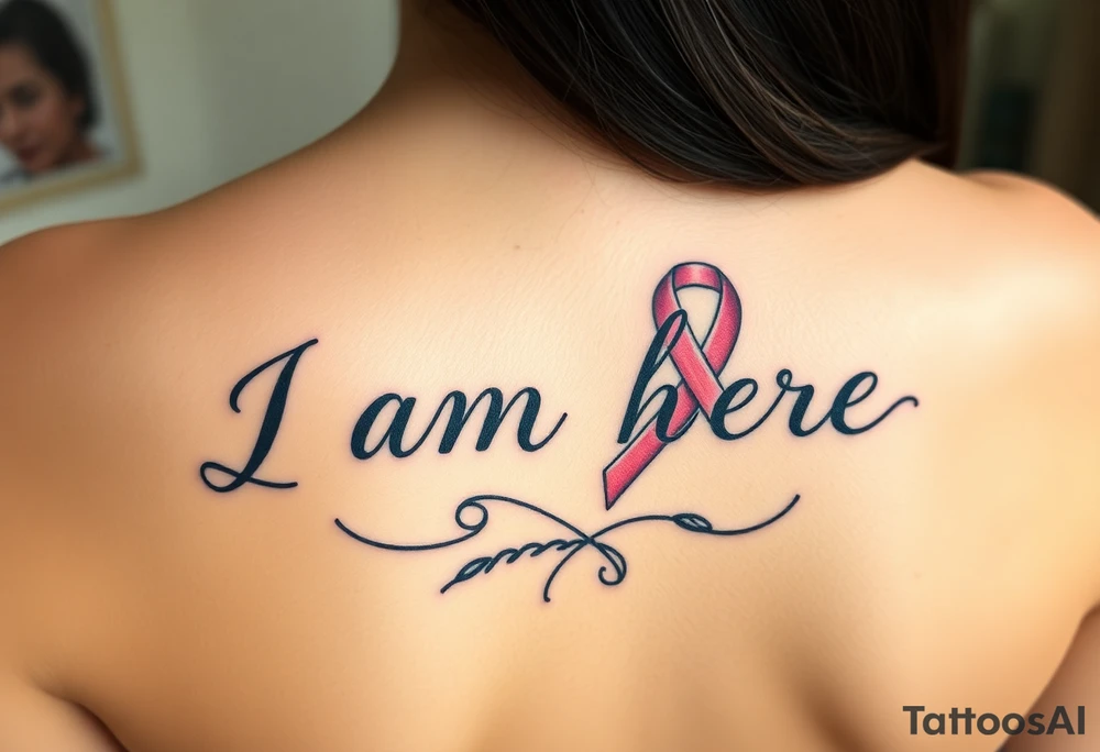 ‘I am here’ with breast cancer pink ribbon as I with Hawaiian theme tattoo idea
