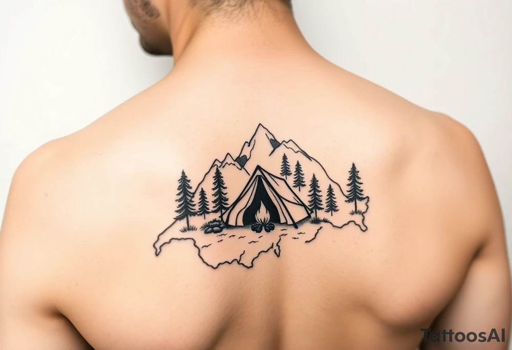 Simplistic, black and white tattoo. A little camping tent, with a fire, in the woods, surrounded by alps and a couple pine trees. The tattoo must be inside the contour of the Switzerland map tattoo idea