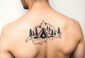 Simplistic, black and white tattoo. A little camping tent, with a fire, in the woods, surrounded by alps and a couple pine trees. The tattoo must be inside the contour of the Switzerland map tattoo idea