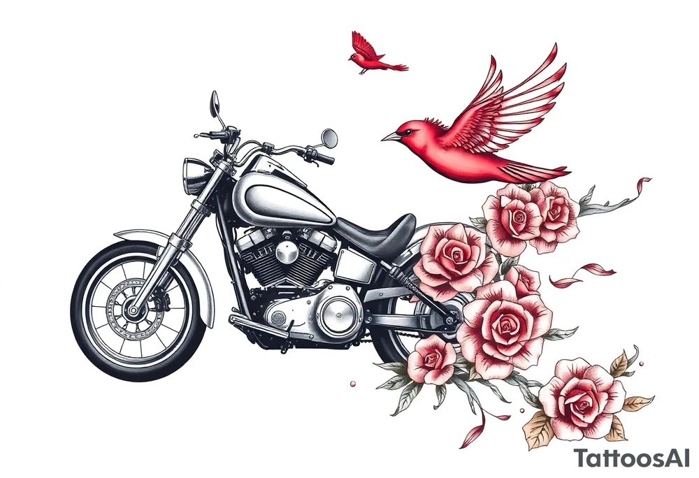 Harley motorcycle driving away, two red birds flying, roses and lace, flames tattoo idea