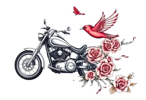 Harley motorcycle driving away, two red birds flying, roses and lace, flames tattoo idea