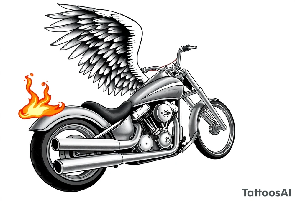 Low rider grey motorcycle, big muffler pipes with flames, angel wings, driving away, no person tattoo idea
