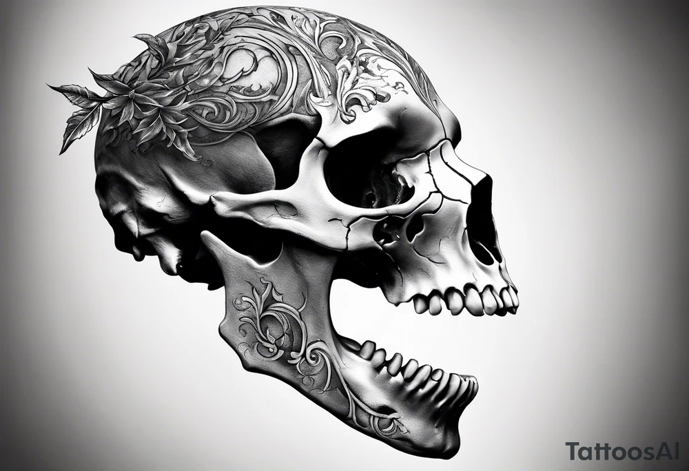 A side view of a decayed deer skull with no skin JUST BONE surrounded by fire in background tattoo idea