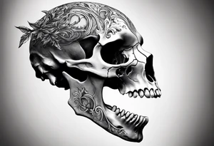A side view of a decayed deer skull with no skin JUST BONE surrounded by fire in background tattoo idea