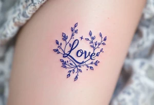 A silver  ᚹ love rune with blue accents, surrounded by violet tattoo idea
