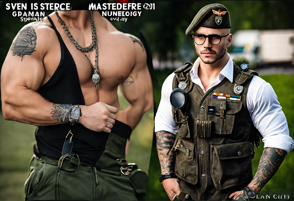 Sven is a German prince and doctor numerology 
101082 ❤️
Sven is a soldier in the German army 
Foreskin fanclub 
Dirty blunts 
Inside jay 
Diamond ring 
VW statue from BB 
Porsche with stupid sales idiot 
Sven’s picture on shoulder Spence tattoo 
Gallon of Milk in one hand one hand cuff hanging down 
Scepter in one hand knife in pocket
A stethoscope hanging around your neck
Mushrooms 
Naked cats 
Ice 
Watches 
Chase bank on fire ❤️
A mirror with a few lines
Feragamo shoe boxes 
Jay is backdrop entire back
Tina and Gabriel inside of a larger naked cat 
5 10k straps
Small pic of Jen’s RAV4 license plate JEN
MDMA rock
A little Pic of Leland if everything works out
Small pic of cheena and V
Small pic of Turban J and Heather 
In a very prominent spot, a picture of Brady driving boat, Thea and Zane in a tube
Panerai money clips the letters Svvj tattoo idea