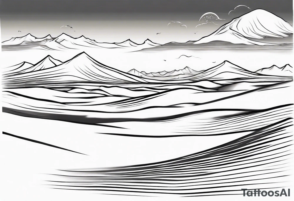 "Design a tattoo depicting a distant view of a vast desert landscape with low, undulating sand dunes. tattoo idea