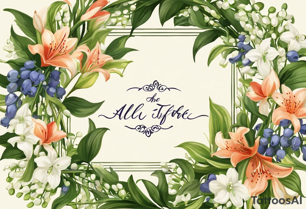 The words "All the things. Everywhere." elegantly written in a stylish script font, with intricate decorative elements like vines or leaves intertwining among the letters. Integrated or behind is a cluster of Lily of the Valley flowers representing May and Larkspur flowers or a small bouquet of Larkspur blooms to symbolize July. The Larkspur could be depicted in shades of blue, pink, or purple, showcasing the flower's symbolic meanings of positivity and lightness.

The overall design could be framed with subtle, flowing lines to enhance the natural and organic feel of the tattoo. tattoo idea