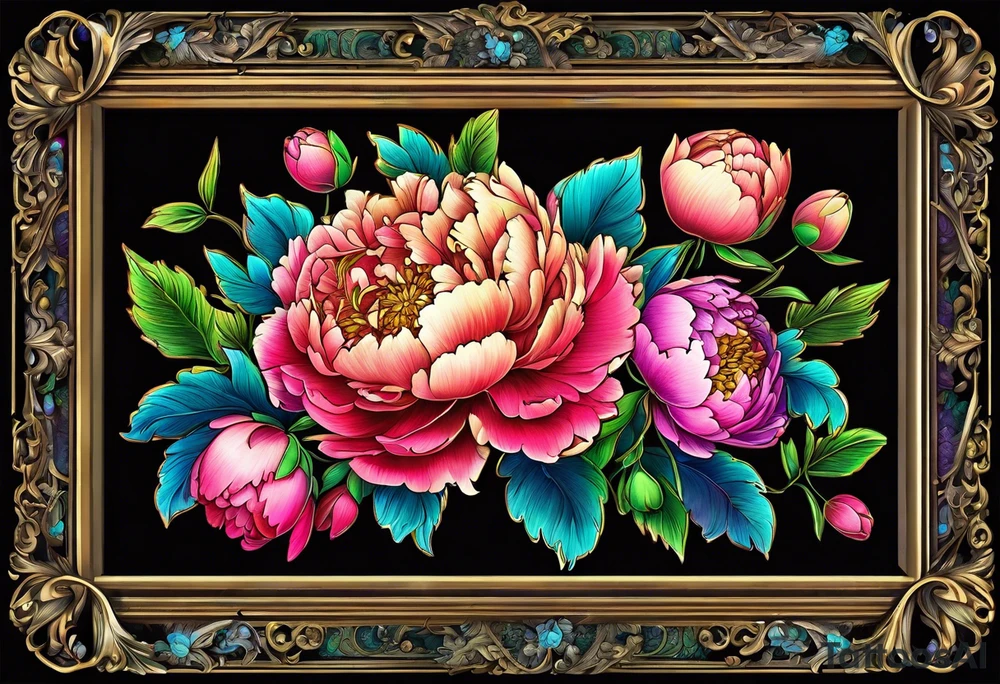 neon colorful peonies,neon colored, surrounding on the outside of a empty beautiful intricate victorian style picture frame with filigree tattoo idea