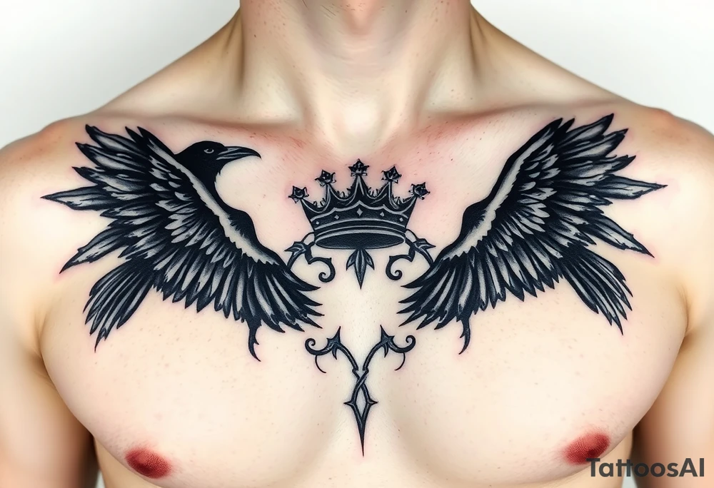 Chest tattoo, two ravens and icelandic symbols, dark brest tattoo, crown betwen ravens tattoo idea