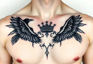 Chest tattoo, two ravens and icelandic symbols, dark brest tattoo, crown betwen ravens tattoo idea