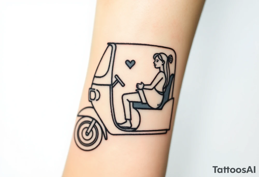 Create a simple tuk tuk. Add a boy and a girl in the vehicle. Add a heart. tattoo idea