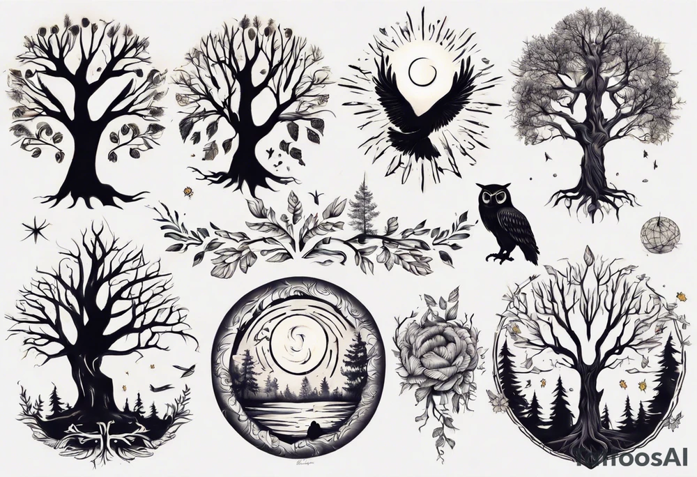 sonne, eule  wald, leben, 
baum, sapere aude tattoo idea