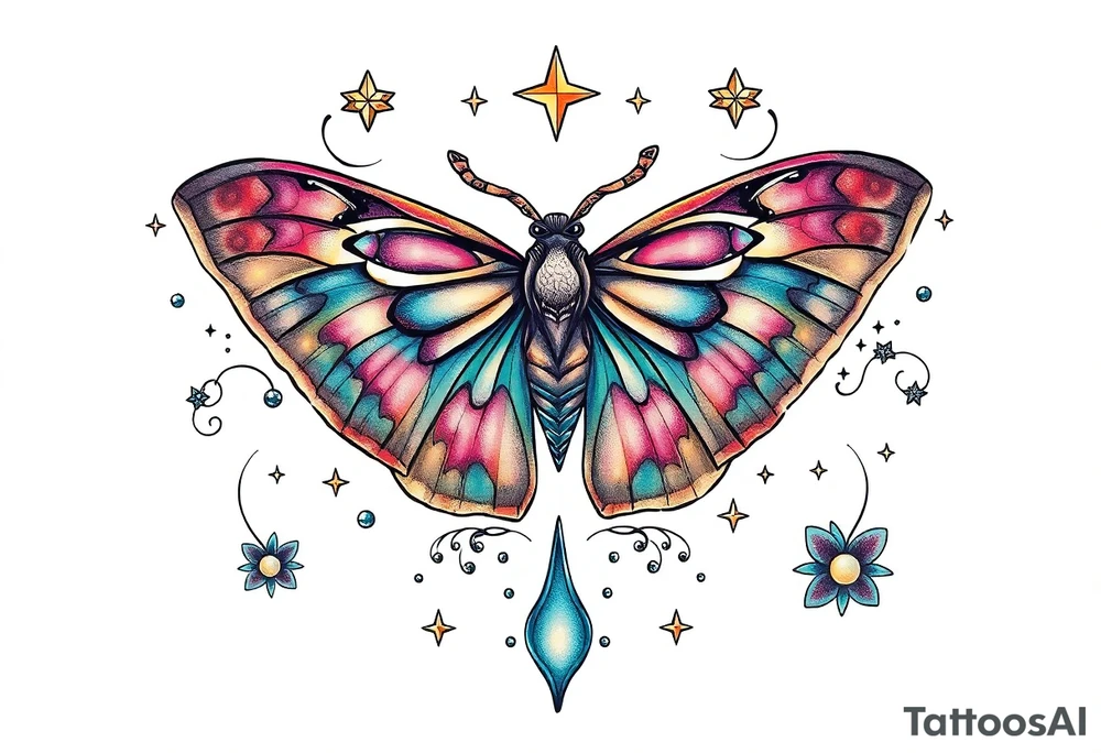 Delicate Luna moth surrounded by celestial accents tattoo idea