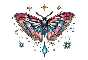 Delicate Luna moth surrounded by celestial accents tattoo idea