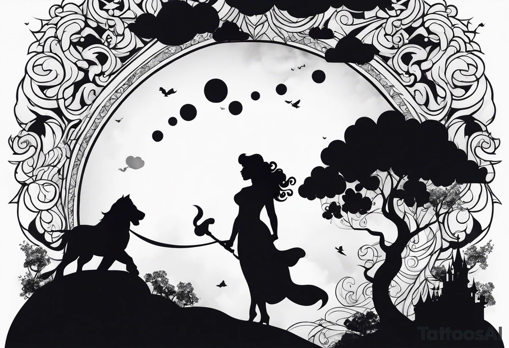 A silhouette  muses from the Disney movie Hercules surrounded by whimsical clouds tattoo idea