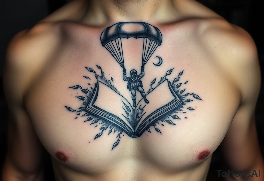 A parachuting soldier falling into an open book. Chaos surrounding, but the book is protecting the soldier from it. On the chest. Make the tattoo smaller. Make it thought provoking. Make the chaos in the environment be an eerie mist. Make the pages in the book be blank. Just one soldier, no other characters. the book is old. tattoo idea