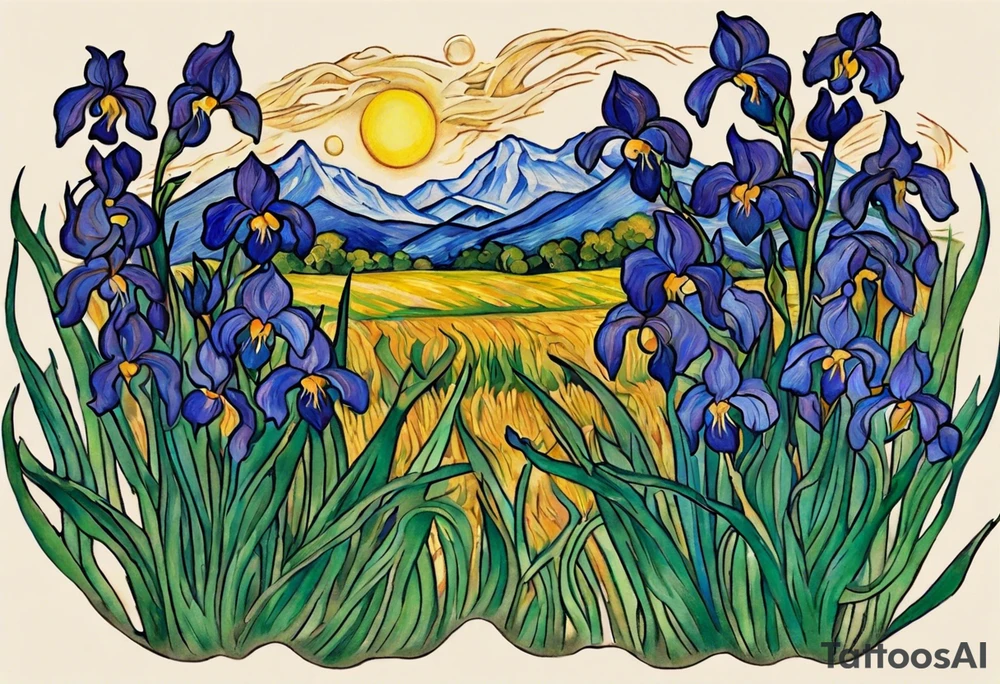 Create a colorful Vincent van Gogh's Irises tattoo, with vines in Celtic knots gracefully holding mountains. The intended placement is on the upper chest. The overall design should be small in size while maintaining a delicate and artistic aesthetic. Pay attention to the graceful flow of the vines and the placement of the irises to achieve a refined and elegant look. tattoo idea