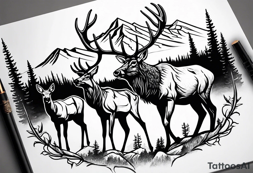 male and female elk with mountain landscape in the background tattoo idea