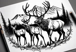 male and female elk with mountain landscape in the background tattoo idea