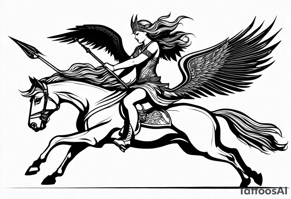 Valkyrie on winged Pegasus, flight, holding spear, looking down tattoo idea Valkyrie on winged Pegasus, flight, holding spear, looking down tattoo idea