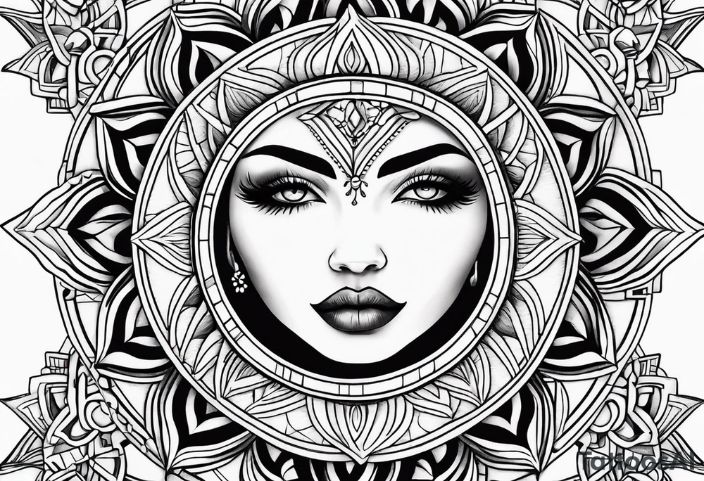 Traditional sun with feminine eyes and lips shading around edges tattoo idea