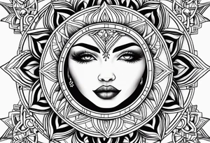 Traditional sun with feminine eyes and lips shading around edges tattoo idea
