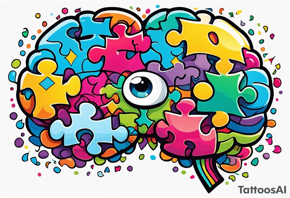Colorful brain with two eyes made of puzzle pieces tattoo idea