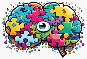 Colorful brain with two eyes made of puzzle pieces tattoo idea