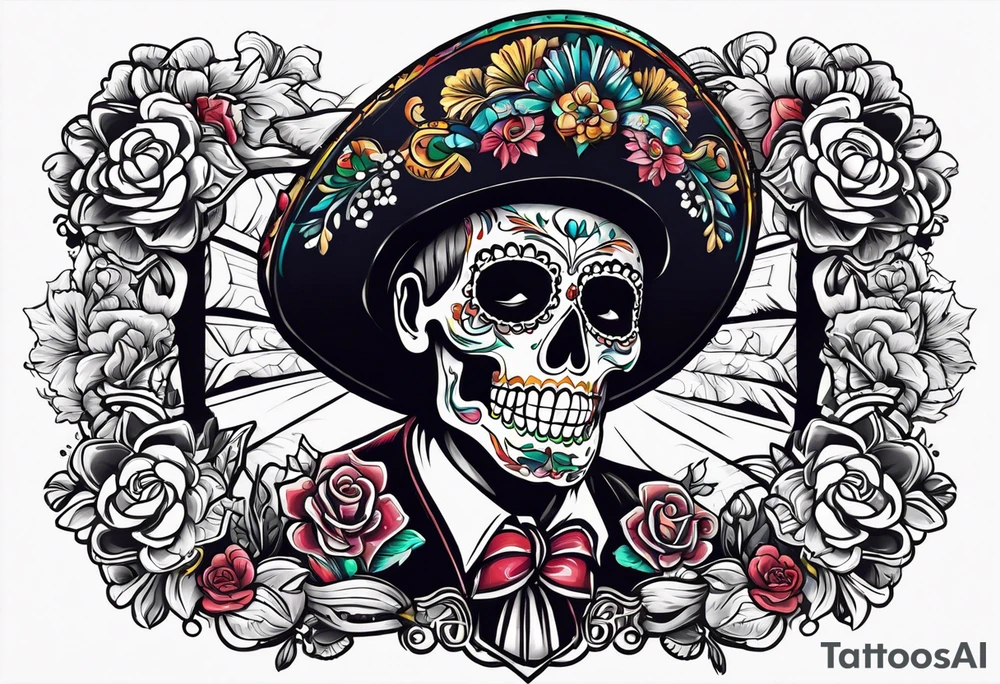 Mexico day of dead  rectangle  man skeleton tattoo idea