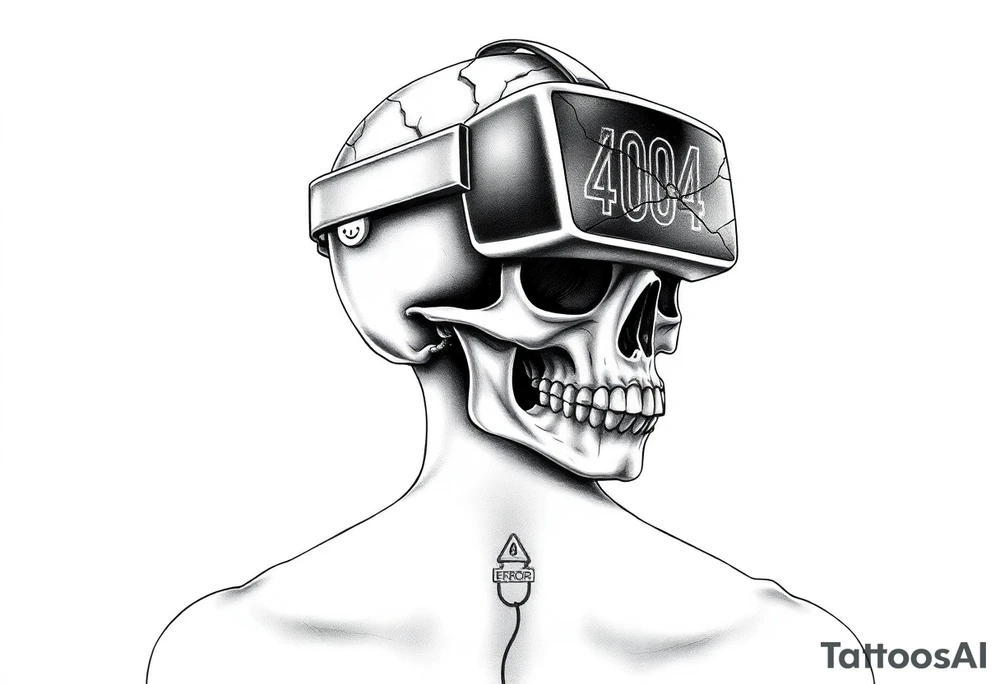 Neon Skull in a Cracked VR Headset
A human skull wearing a cracked VR headset.
The headset's screen flickering between a smiling emoji and a 404 ERROR screen.
Wires dangling like tendrils, connecting the skull to something unseen. tattoo idea