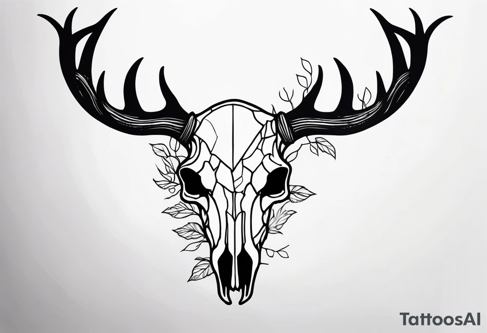 side view of a DECAYING deer skull JUST BONE surrounded by a forest fire in background tattoo idea