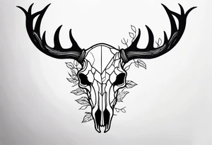 side view of a DECAYING deer skull JUST BONE surrounded by a forest fire in background tattoo idea