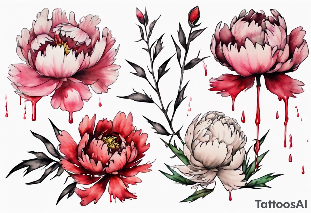 a watercolor peony that is dripping bleeding with thorns, simple, tall, one line tattoo idea